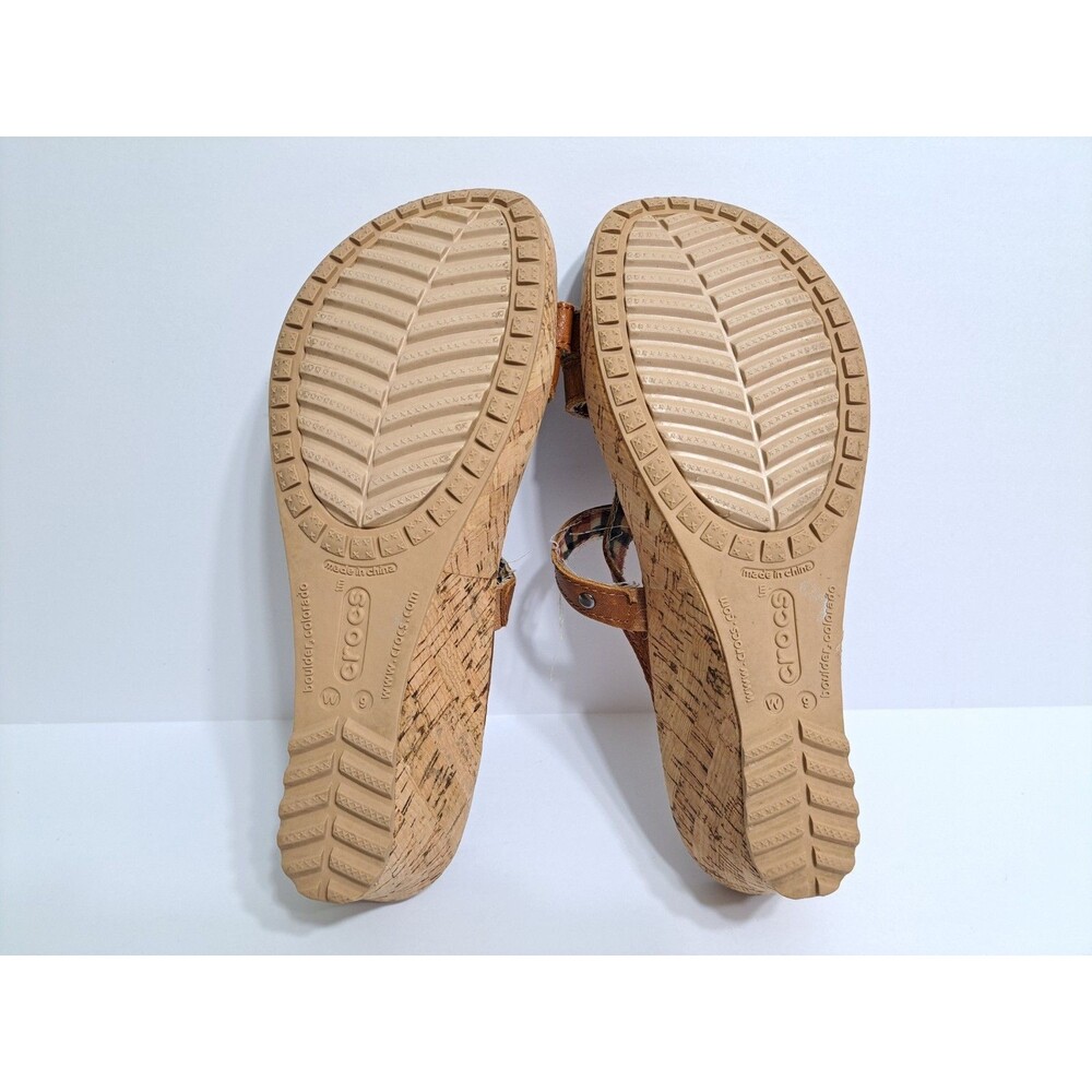 Crocs A-leigh Women's 9 Wedge Sandals Brown Leather Cork Strappy - Picture 9 of 10